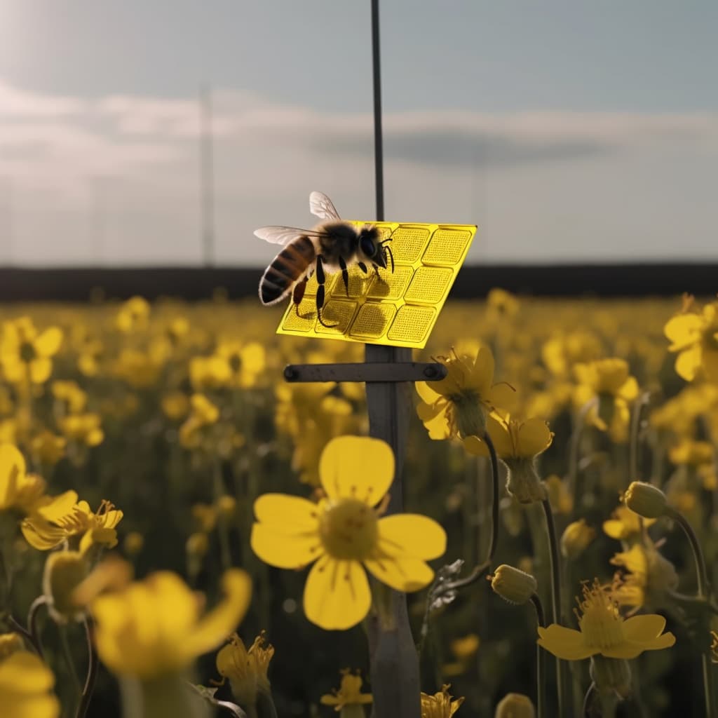 En bie som flyr over et felt med gule blomster