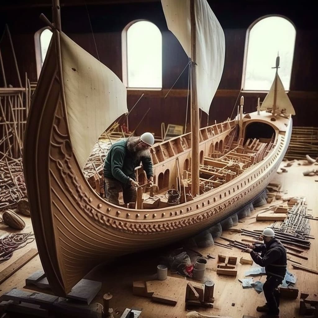 Men working on a model boat