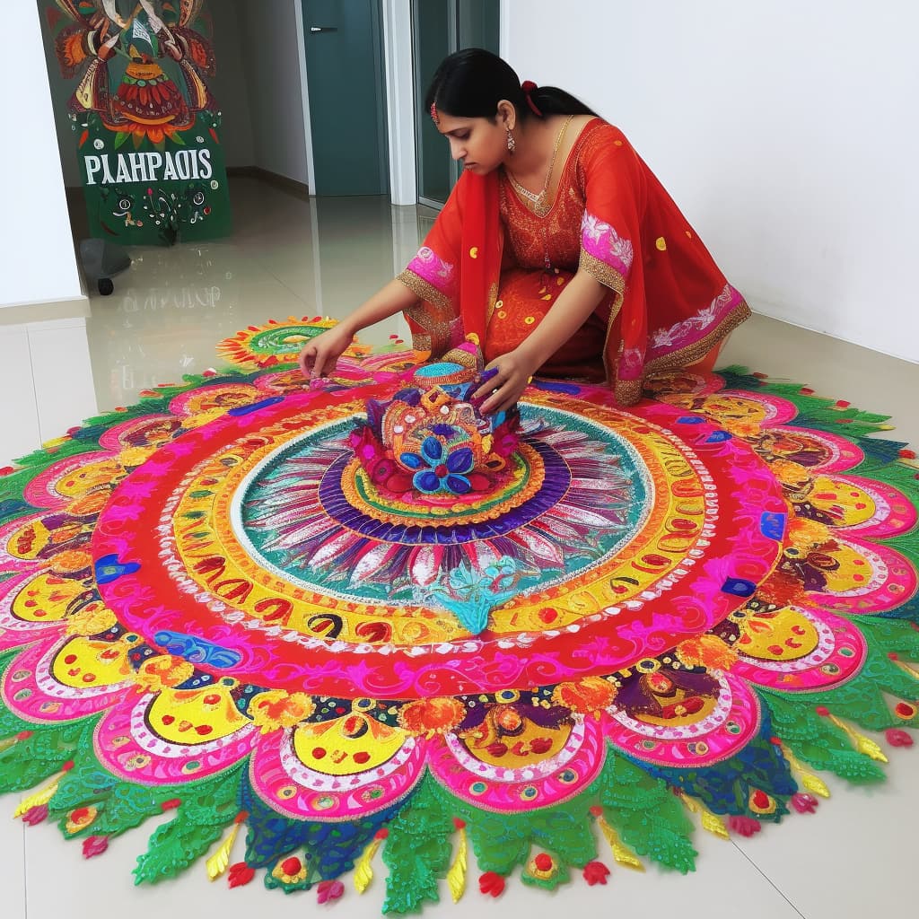 A woman kneeling on a colorful rug
