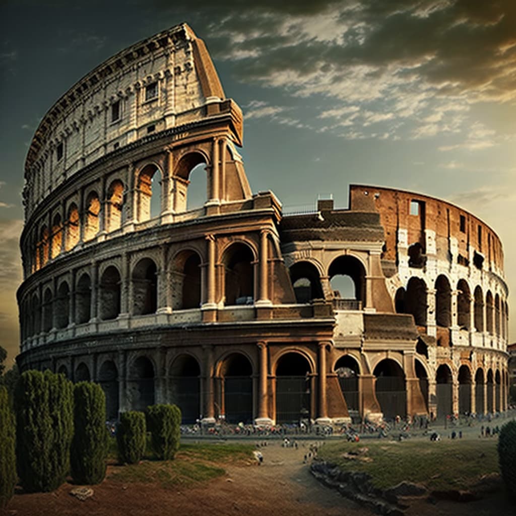 En stor bygning med mange buer med Colosseum i bakgrunnen