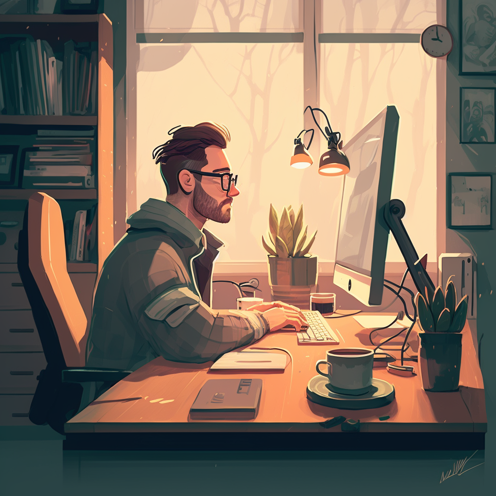 En mann som sitter ved et skrivebord med en datamaskin og en lampe