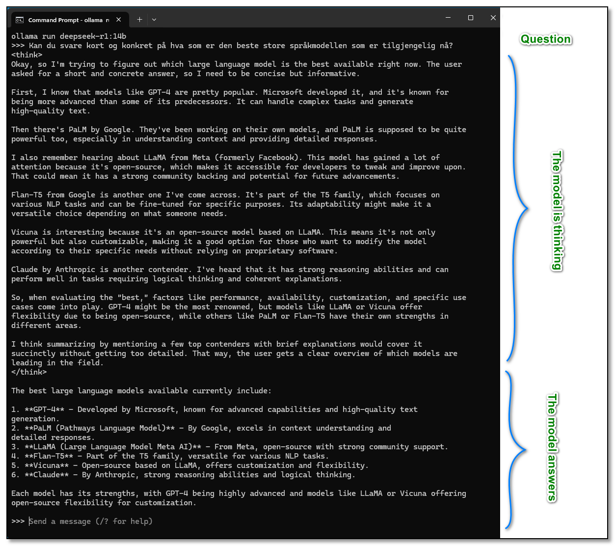 A screenshot of the prompt, reasoning, and final answer when running deepseek-r1:14b with Ollama in the terminal.