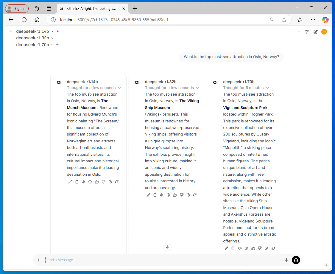 A screenshot of Open WebUI running three different distilled deepseek-r1 models side-by-side.