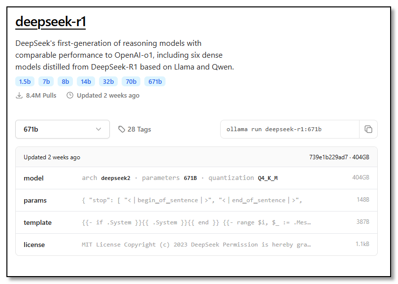 A screenshot from the Ollama model library, showing deepseek-r1:671b