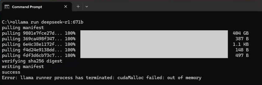 Screenshot of error: llama runner process has terminated: cudaMalloc failed: out of memory