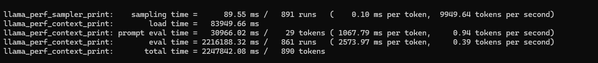 A summary of llama.cpp: 0.39 tokens per second, running for 37 minutes.