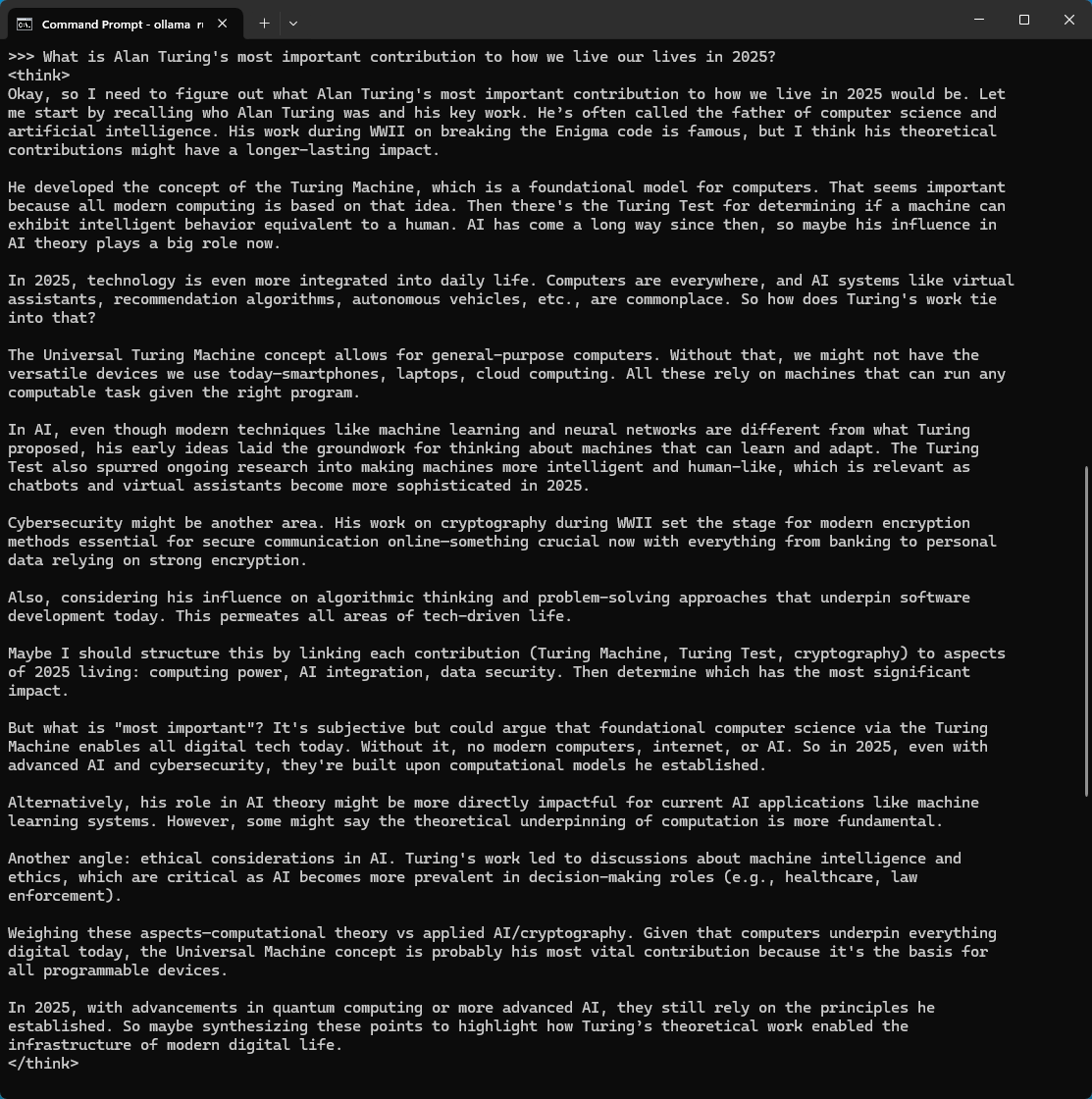 Okay, so I need to figure out what Alan Turing's most important contribution to how we live in 2025 would be. Let me start by recalling who Alan Turing was and his key work. He’s often called the father of computer science and artificial intelligence. His work during WWII on breaking the Enigma code is famous, but I think his theoretical contributions might have a longer-lasting impact.  He developed the concept of the Turing Machine, which is a foundational model for computers. That seems important because all modern computing is based on that idea. Then there's the Turing Test for determining if a machine can exhibit intelligent behavior equivalent to a human. AI has come a long way since then, so maybe his influence in AI theory plays a big role now.  In 2025, technology is even more integrated into daily life. Computers are everywhere, and AI systems like virtual assistants, recommendation algorithms, autonomous vehicles, etc., are commonplace. So how does Turing's work tie into that?  The Universal Turing Machine concept allows for general-purpose computers. Without that, we might not have the versatile devices we use today—smartphones, laptops, cloud computing. All these rely on machines that can run any computable task given the right program.  In AI, even though modern techniques like machine learning and neural networks are different from what Turing proposed, his early ideas laid the groundwork for thinking about machines that can learn and adapt. The Turing Test also spurred ongoing research into making machines more intelligent and human-like, which is relevant as chatbots and virtual assistants become more sophisticated in 2025.  Cybersecurity might be another area. His work on cryptography during WWII set the stage for modern encryption methods essential for secure communication online—something crucial now with everything from banking to personal data relying on strong encryption.  Also, considering his influence on algorithmic thinking and problem-solving approaches that underpin software development today. This permeates all areas of tech-driven life.  Maybe I should structure this by linking each contribution (Turing Machine, Turing Test, cryptography) to aspects of 2025 living: computing power, AI integration, data security. Then determine which has the most significant impact.  But what is 