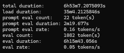 total duration:       6h53m7.2075093s load duration:        35m4.2125846s prompt eval count:    22 token(s) prompt eval duration: 2m19.677s prompt eval rate:     0.16 tokens/s eval count:           1082 token(s) eval duration:        6h15m43.056s eval rate:            0.05 tokens/s