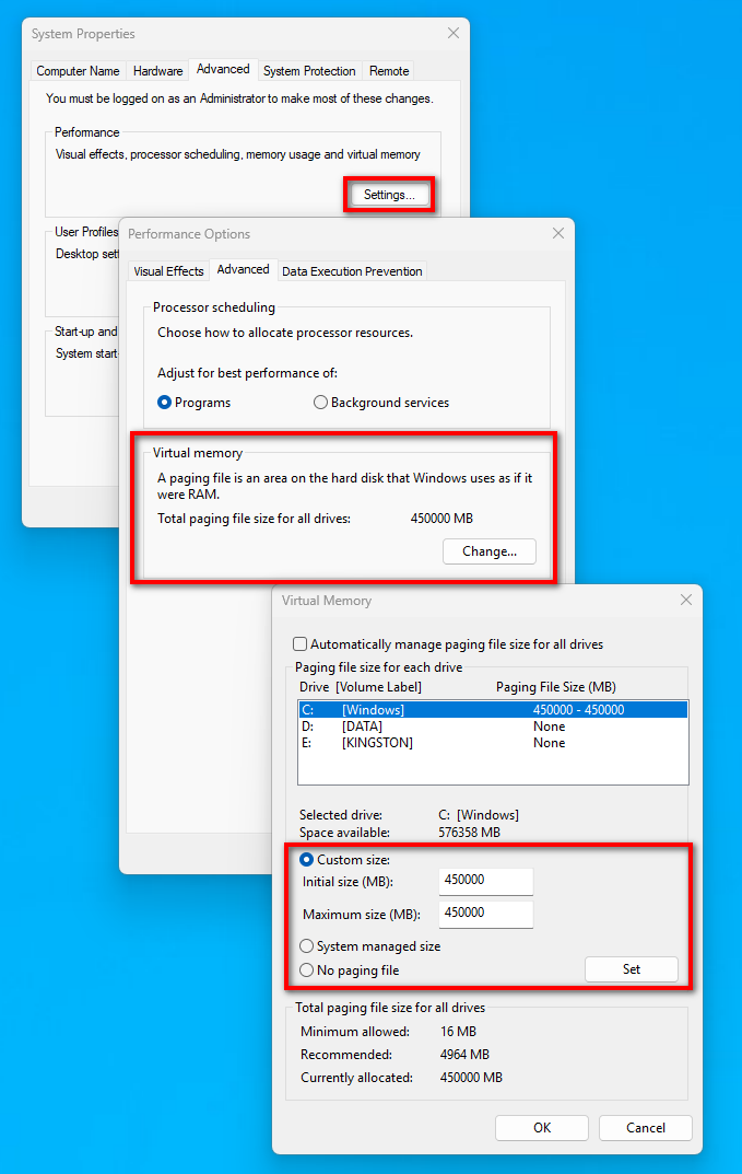 A screenshot of settings for Virtual Memory in Windows, showing 450GB allocated Virtual Memory.