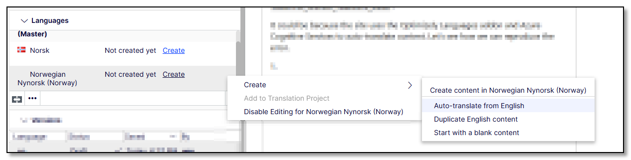 A screenshot of the Optimizely Languages addon, auto-translate from English to Norwegian Nynorsk